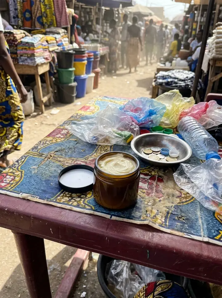 Photo amateur d’un pot de beurre de karité sur une table de marché
