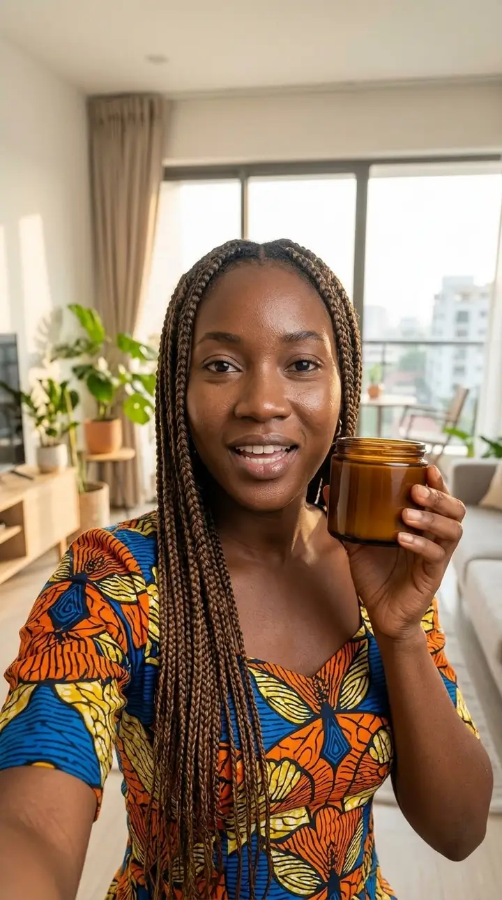 Créatrice IA présentant le pot de beurre de karité face caméra